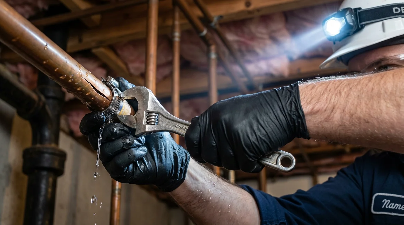 Emergency pipe clamp repair being performed by a Johns Plumbing LLC plumber in Petaluma