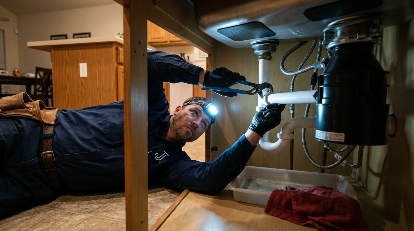 P-trap and supply line connections under a kitchen sink showing a common leak point in Petaluma, CA